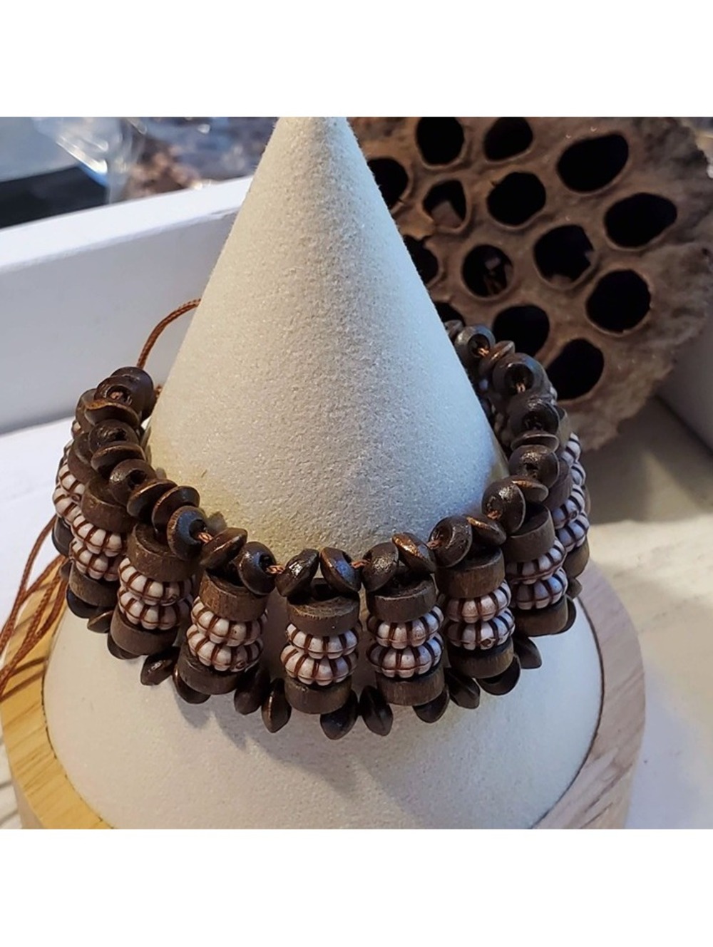 90s Y2K Vintage Brown Wood Acrylic Rondelle Beads OSFA Adjustable Bracelet
